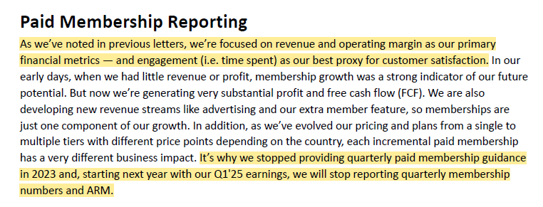 Netflix announces it stops reporting member numbers and average revenue per member. Source 1Q24 Letter to Shareholders, Netflix