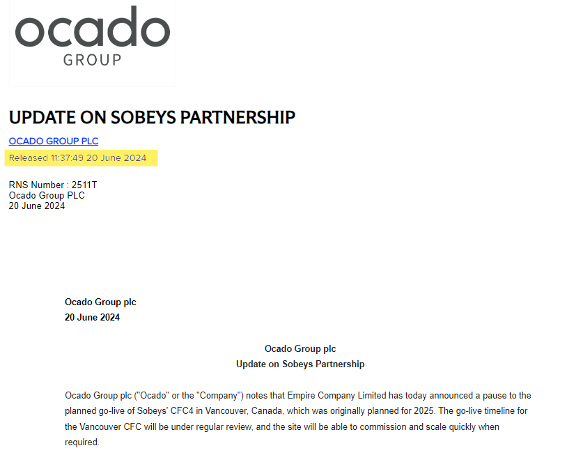 Ocado announces the termination of its relationship with Sobeys 7 minutes later. Source: Company with markup by Marvin Labs